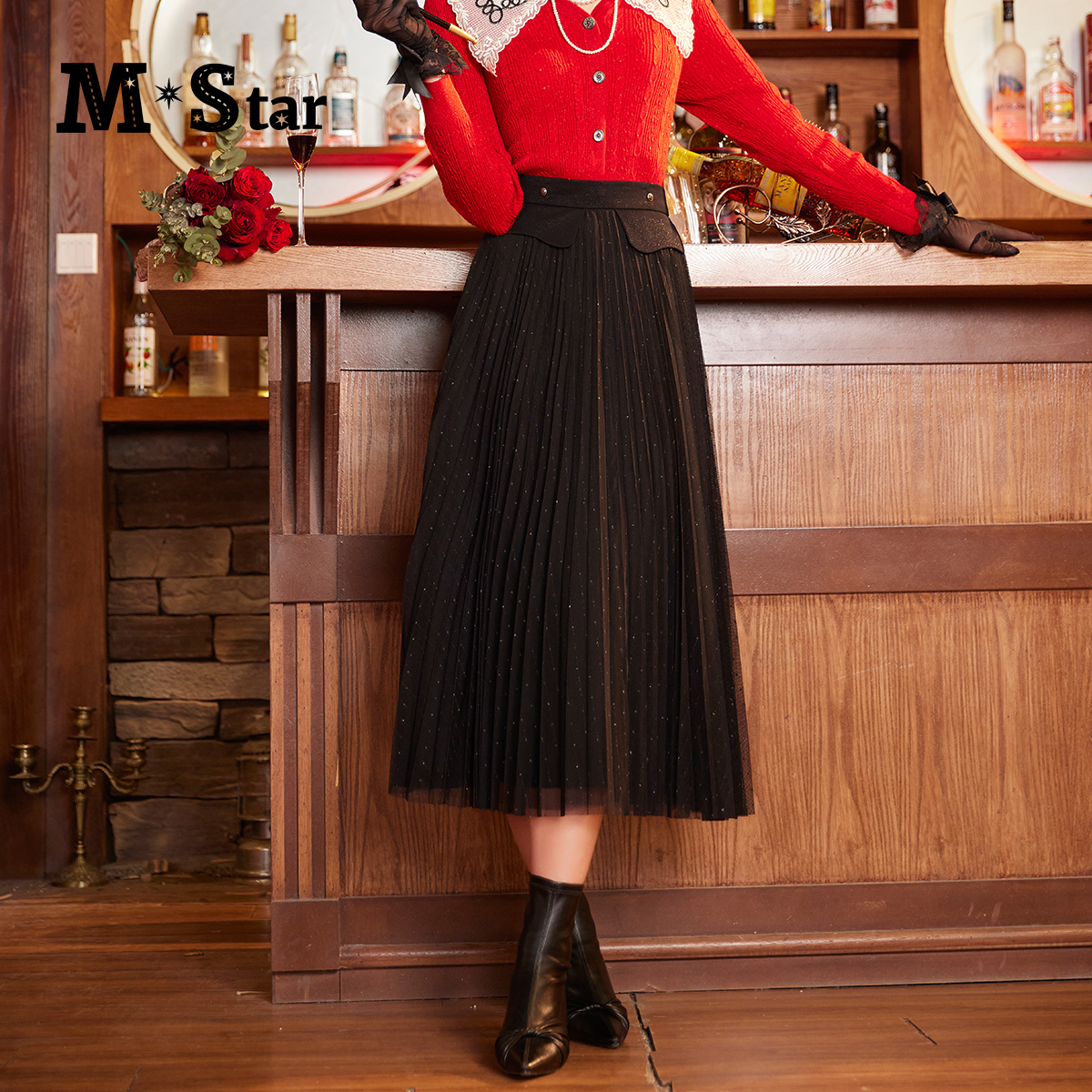 【芊芊专属】M-Star复古黑色网纱褶皱半身裙中长款 SCDQ131386