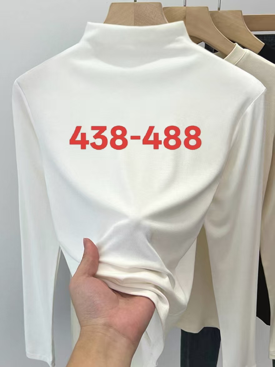 森系长袖拼接半高领常规烫印T恤内搭白色秋冬韩版