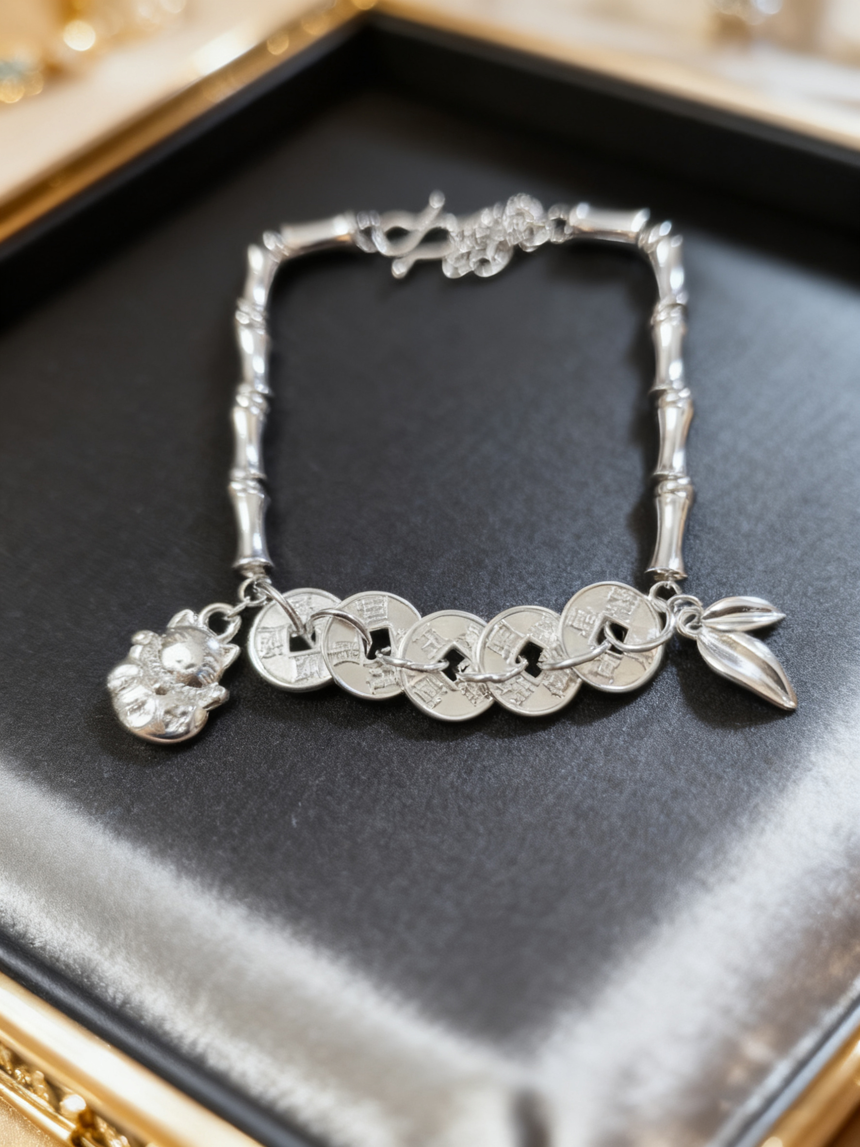 足银手链 竹节招财猫五帝 复古宫廷女款时尚气质精美小众百搭手链