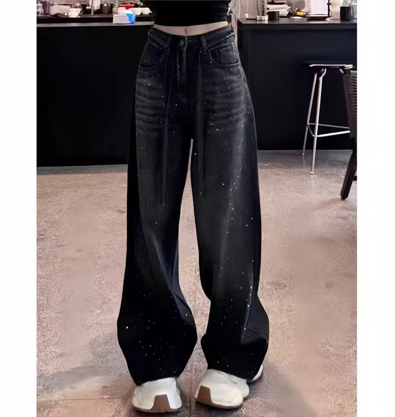 b2055韩版牛仔裤新款秋季百搭时尚设计感高腰宽松满天星阔腿裤