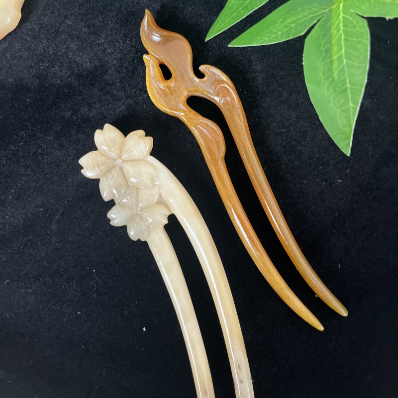 天然牛羊角制品 高贵羊手工发簪 精美雕花U型发簪