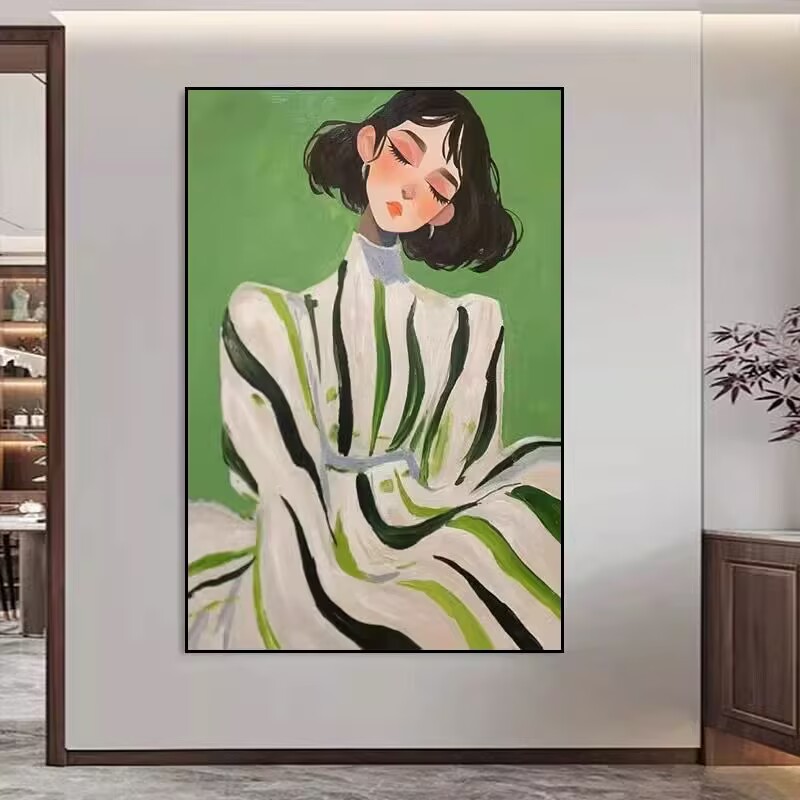 抽象人物绿色系小众艺术慵懒少女风格客厅玄关卧室装饰画S13