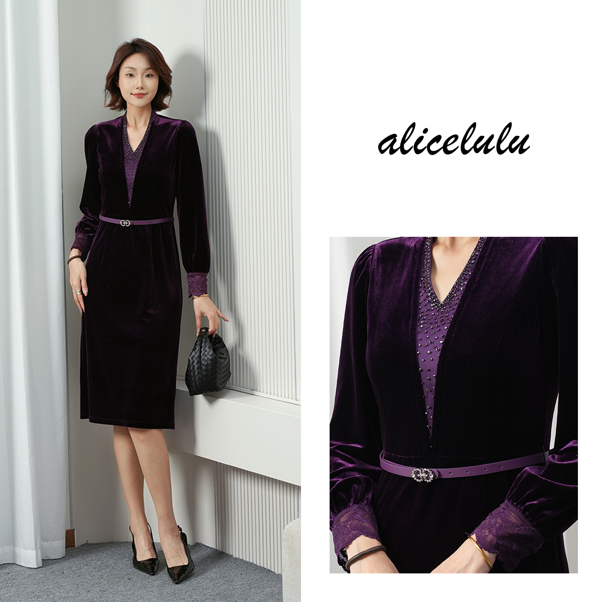 alicelulu月光葡萄.浪漫丝绒连衣裙领口串珠+腰带S2145150L