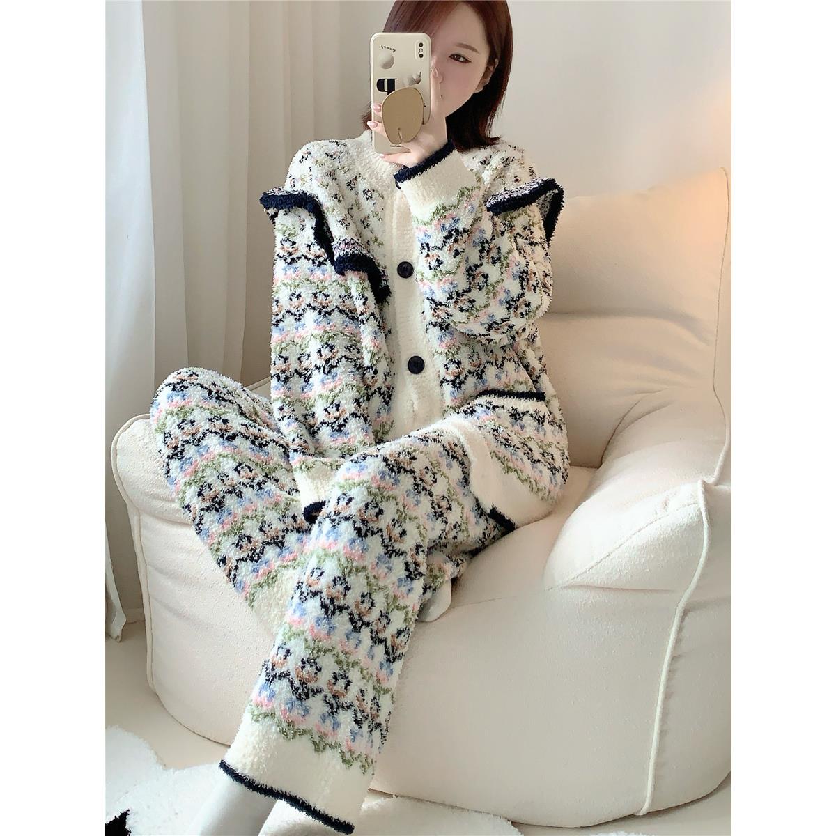 甜美花边慵懒风加厚半边绒睡衣秋冬季加厚加绒半边绒冬季睡衣套装