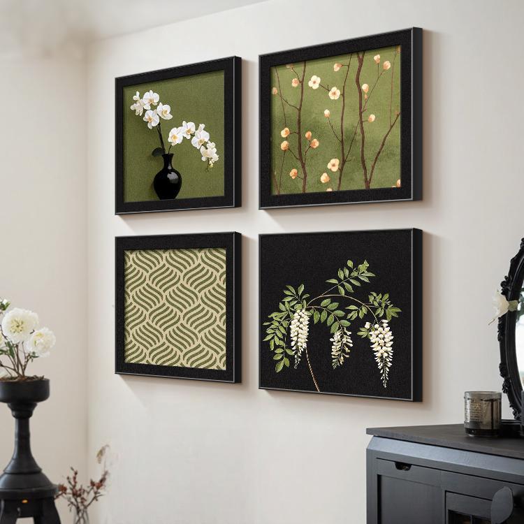 绿色法式复古花卉餐厅装饰画蝴蝶兰客厅卧室床头入户门高级感壁画