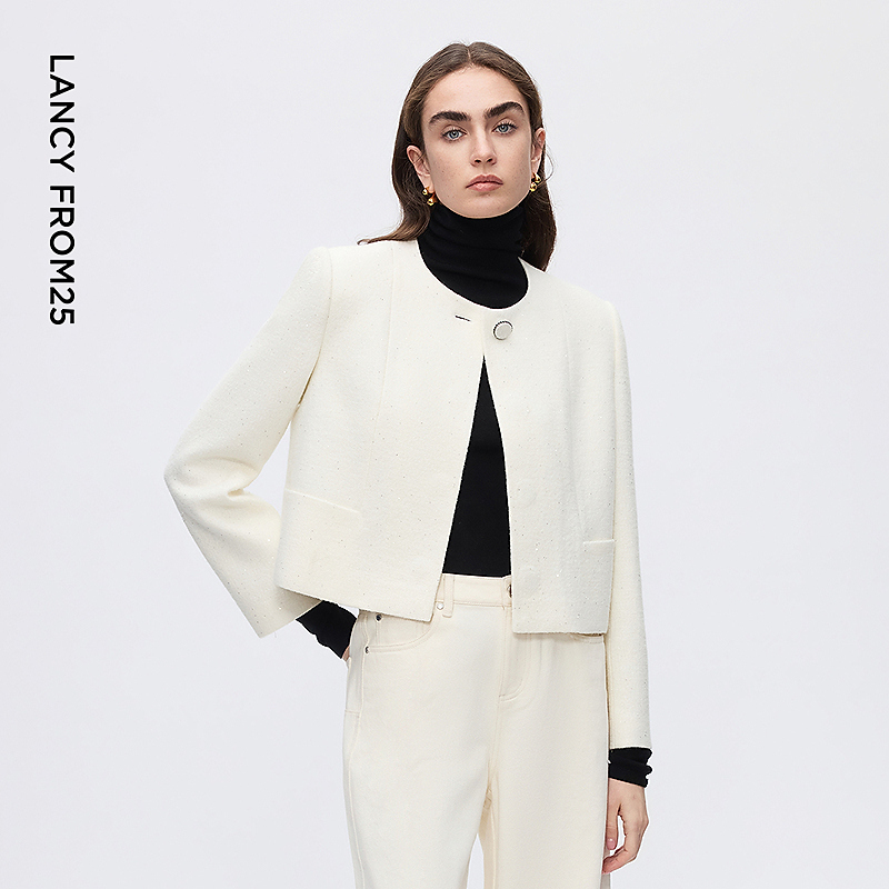 朗姿设计感圆领小香风短外套女绵羊毛简约箱型上衣2025年冬季新款