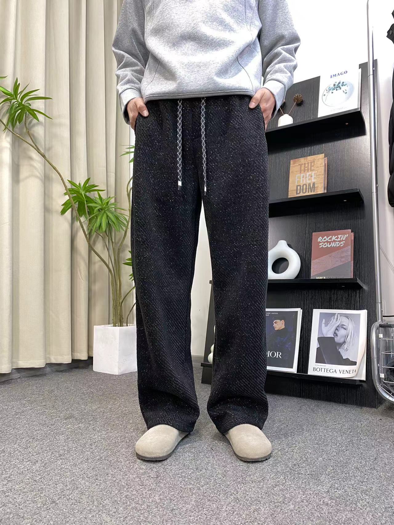 秋冬升级版加绒加厚重磅时尚斜条纹银丝宽松休闲裤直筒男裤