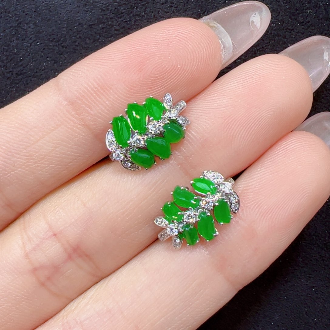 翡翠耳饰18K金镶嵌叶子