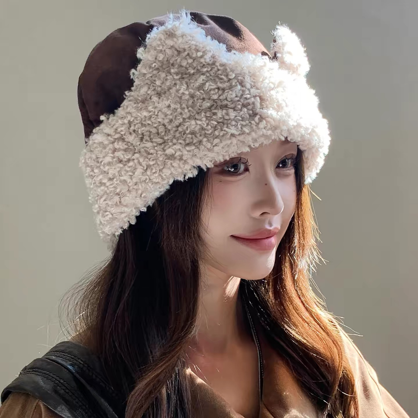 秋冬季新款保暖护耳渔夫帽子可爱猫耳朵毛绒女显脸小大头围防风帽
