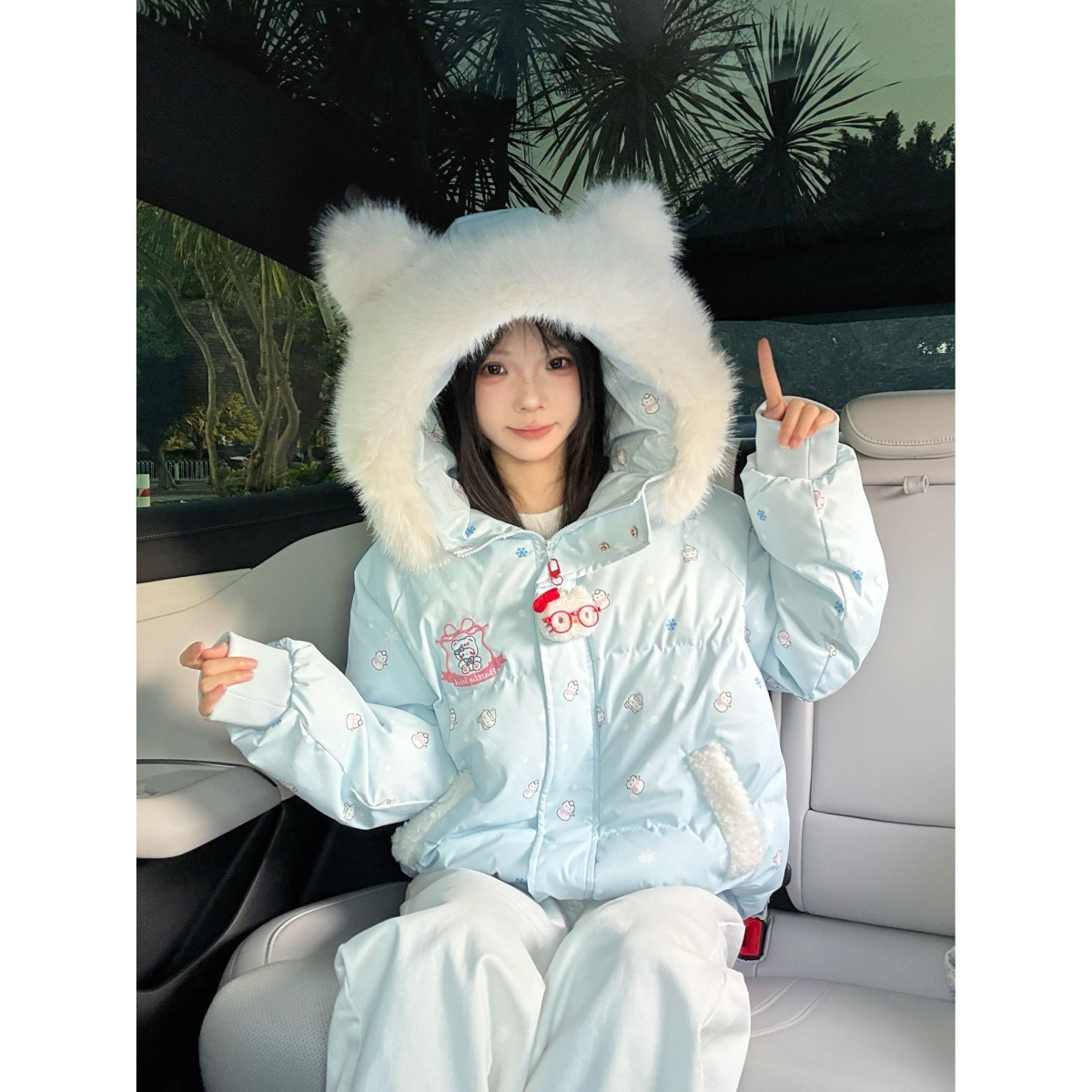 【带挂件】奶呼呼刺绣毛领棉服女冬季加厚保暖甜美学院风连帽外套