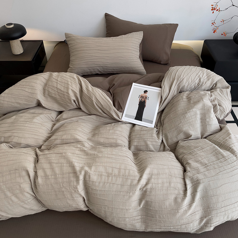 新款高级轻奢棉水洗皱皱纱大提花四件套裸睡柔软亲肤被套床单简约