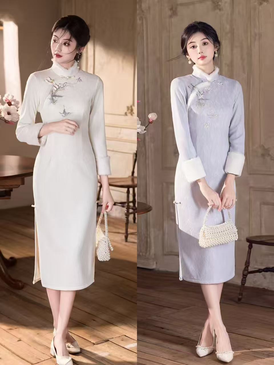 【华夫人】浅紫 米白双色可选针织加绒刺绣气质优雅中国风日常旗袍