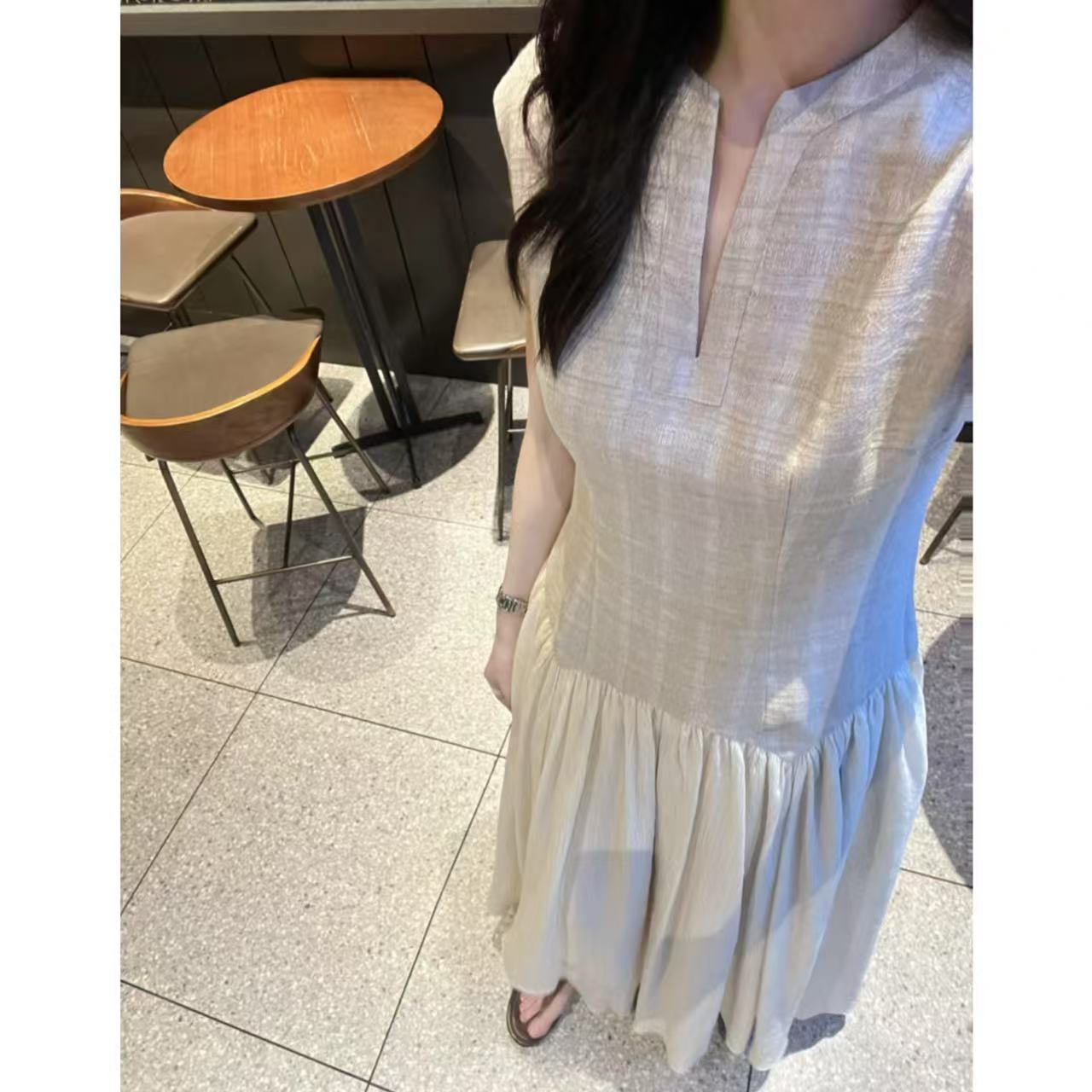 FAR ZOOM  亚麻天丝混纺提花度假风大裙摆无袖显瘦连衣裙