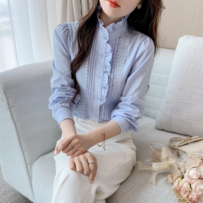 春秋季2025年新款纯棉衬衫女洋气全棉女士衬衣长袖木耳领上衣百搭