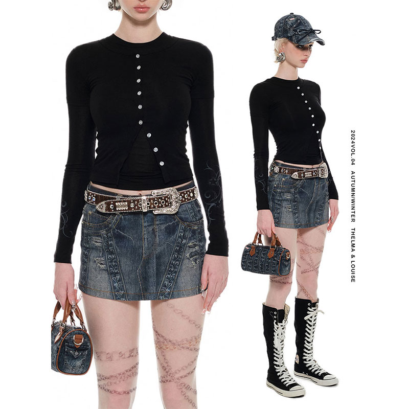 【佳佳】1JINN STUDIO 复古水洗牛仔印花包臀短裙