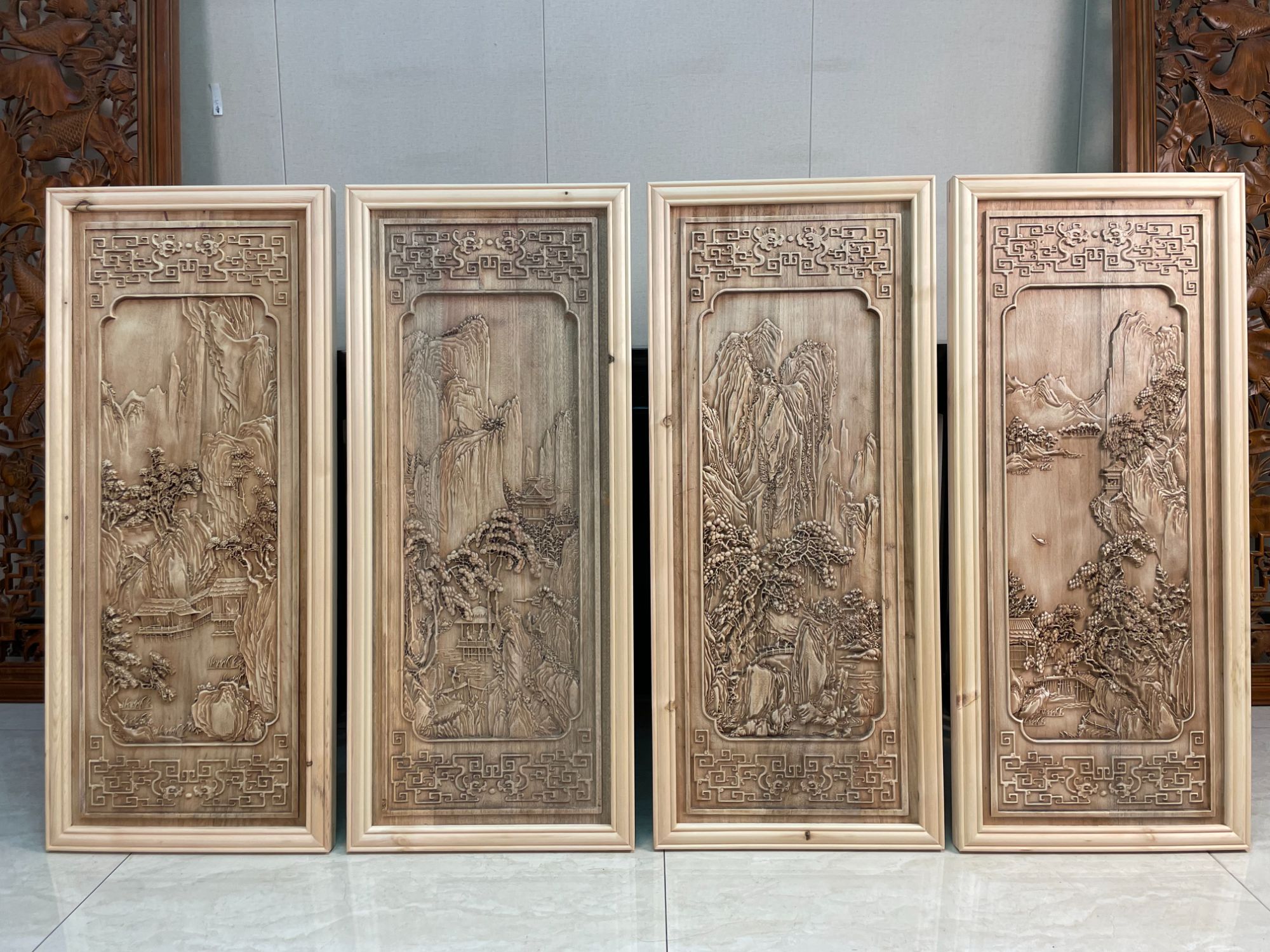 嵊州木雕唐伯虎山水画客厅4件套挂件香樟木雕刻镂空工艺100X43