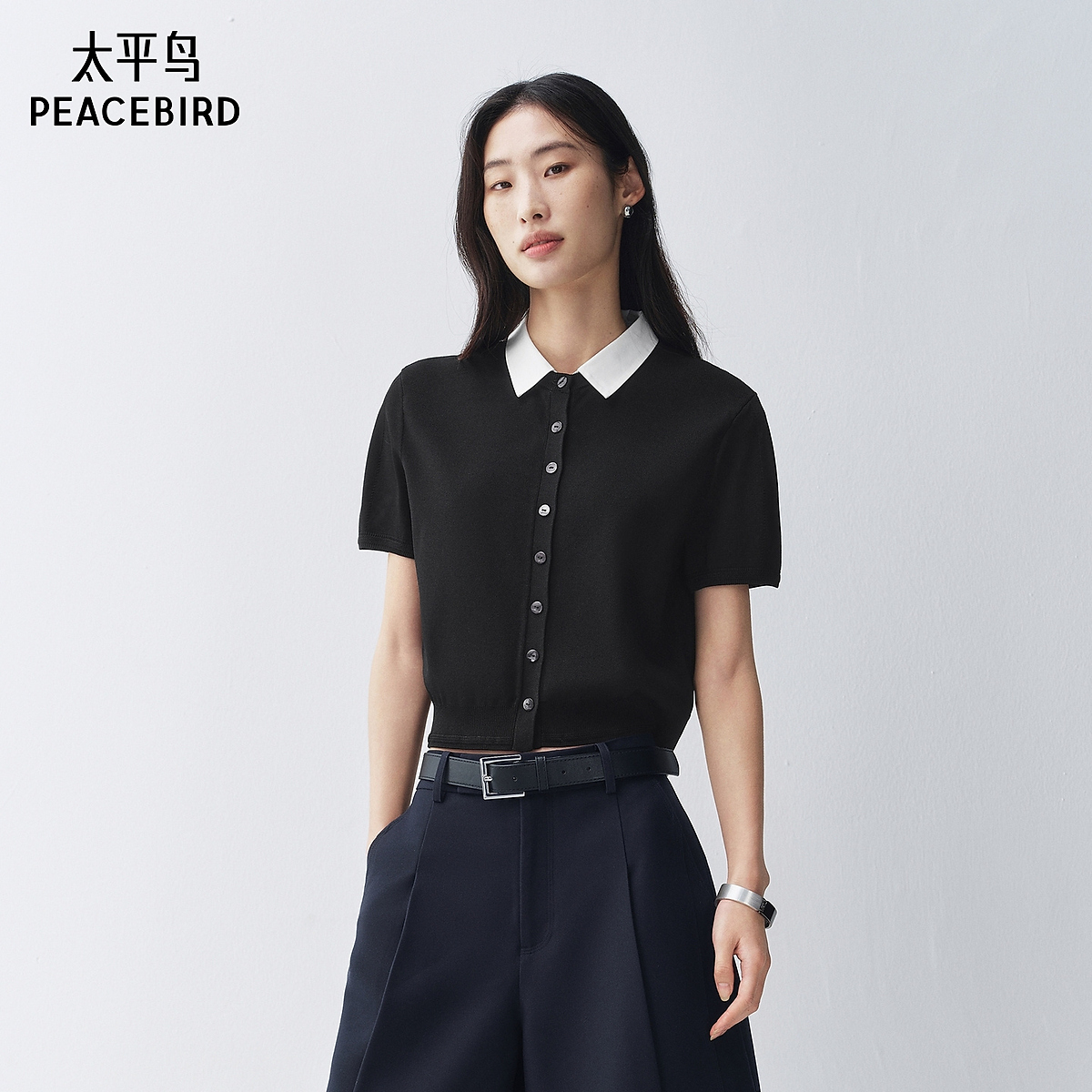 【商场同款】太平鸟26夏季新款通勤撞色短袖针织开衫女A1EDG2120
