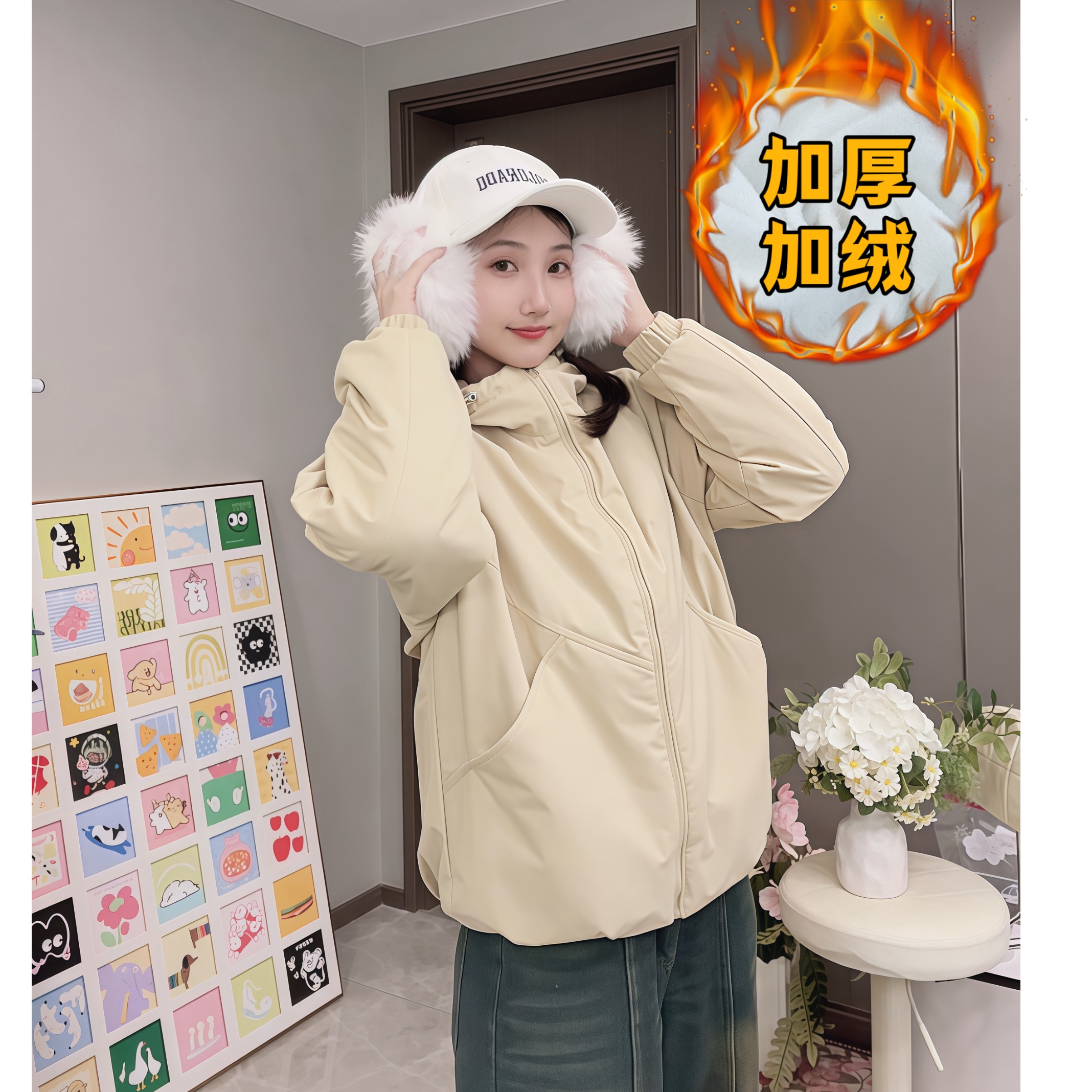 【升级加绒加厚款】2025秋冬新款连帽棉外套休闲宽松加绒加厚棉夹克