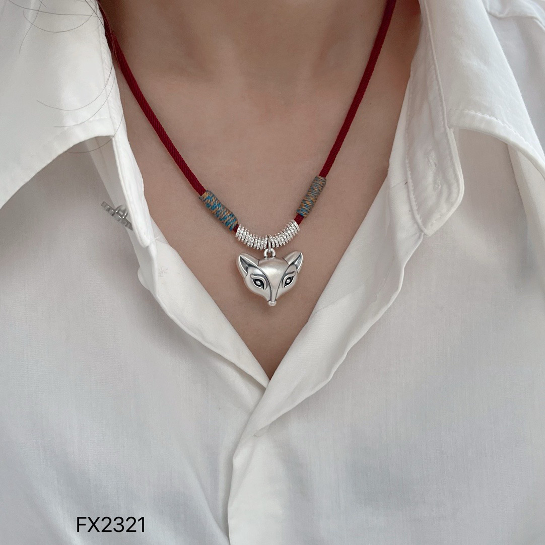 坠链均足银 双面狐狸头盘缠调节藏式项链