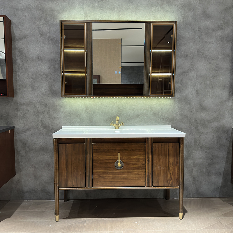 （焕烁坊）新中式乌金木陶瓷一体盆智能镜柜高端浴室柜洗手盆洗脸盆