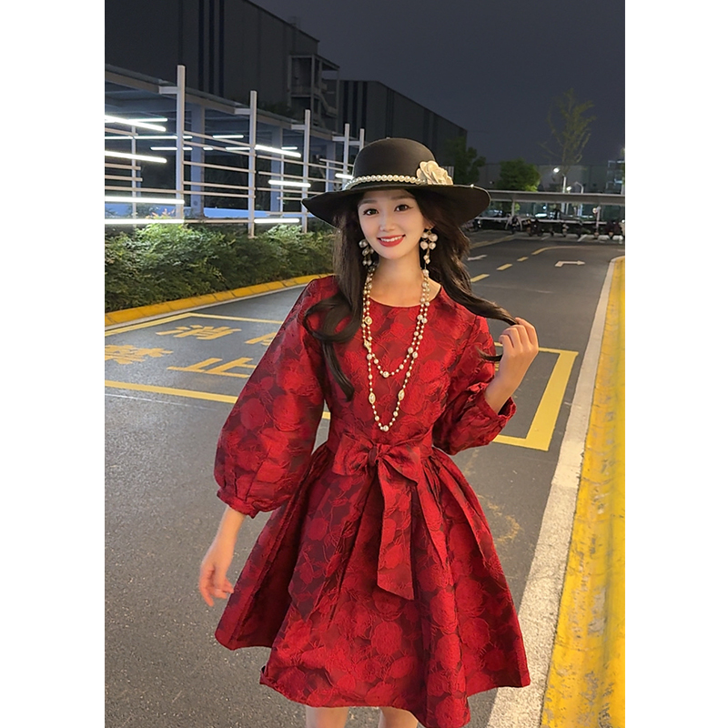 【新禧】法式高腰A字袖碎花七分袖连衣裙圆领拼接中裙通勤