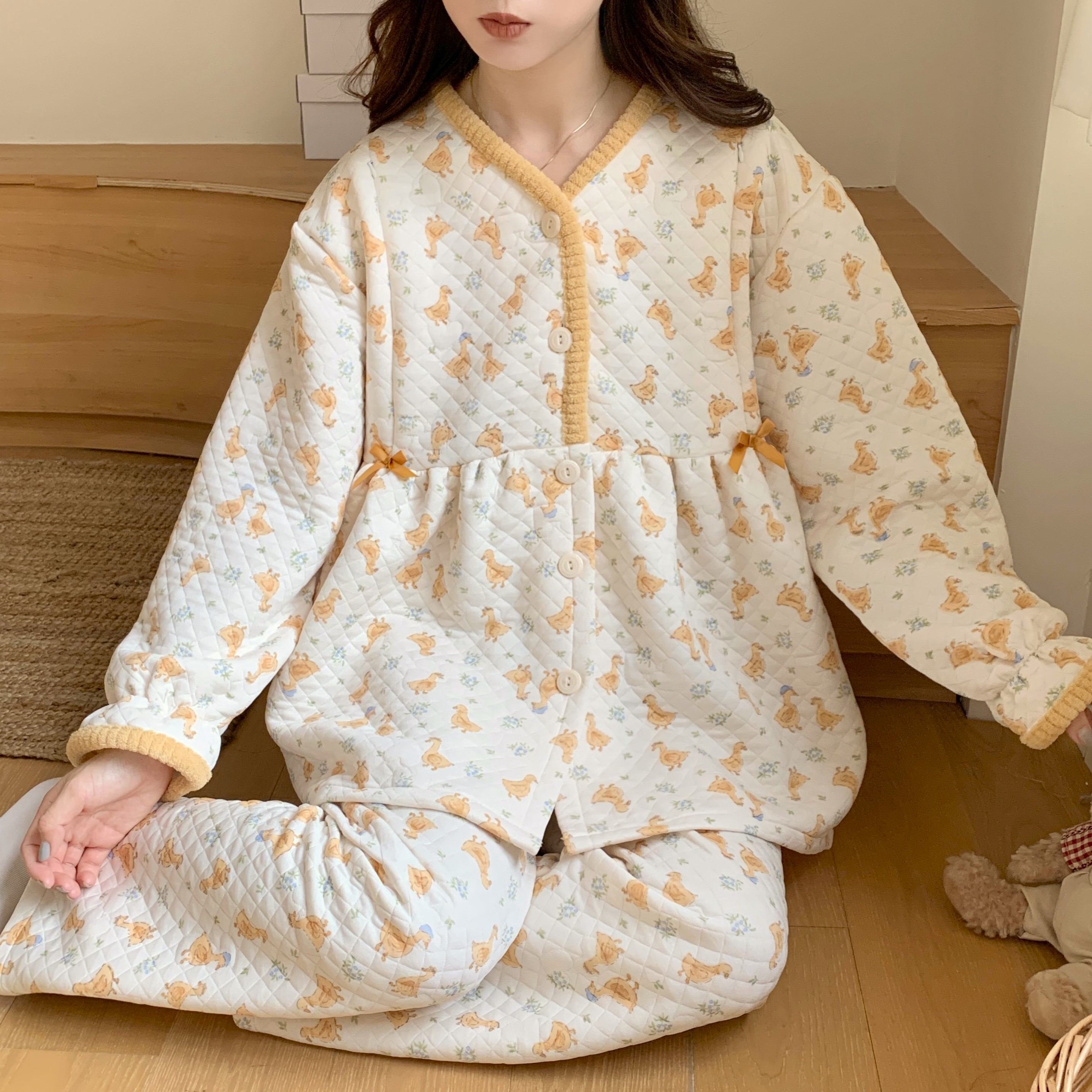 秋冬空气棉夹层月子服孕妇产后哺乳吸汗睡衣家居服