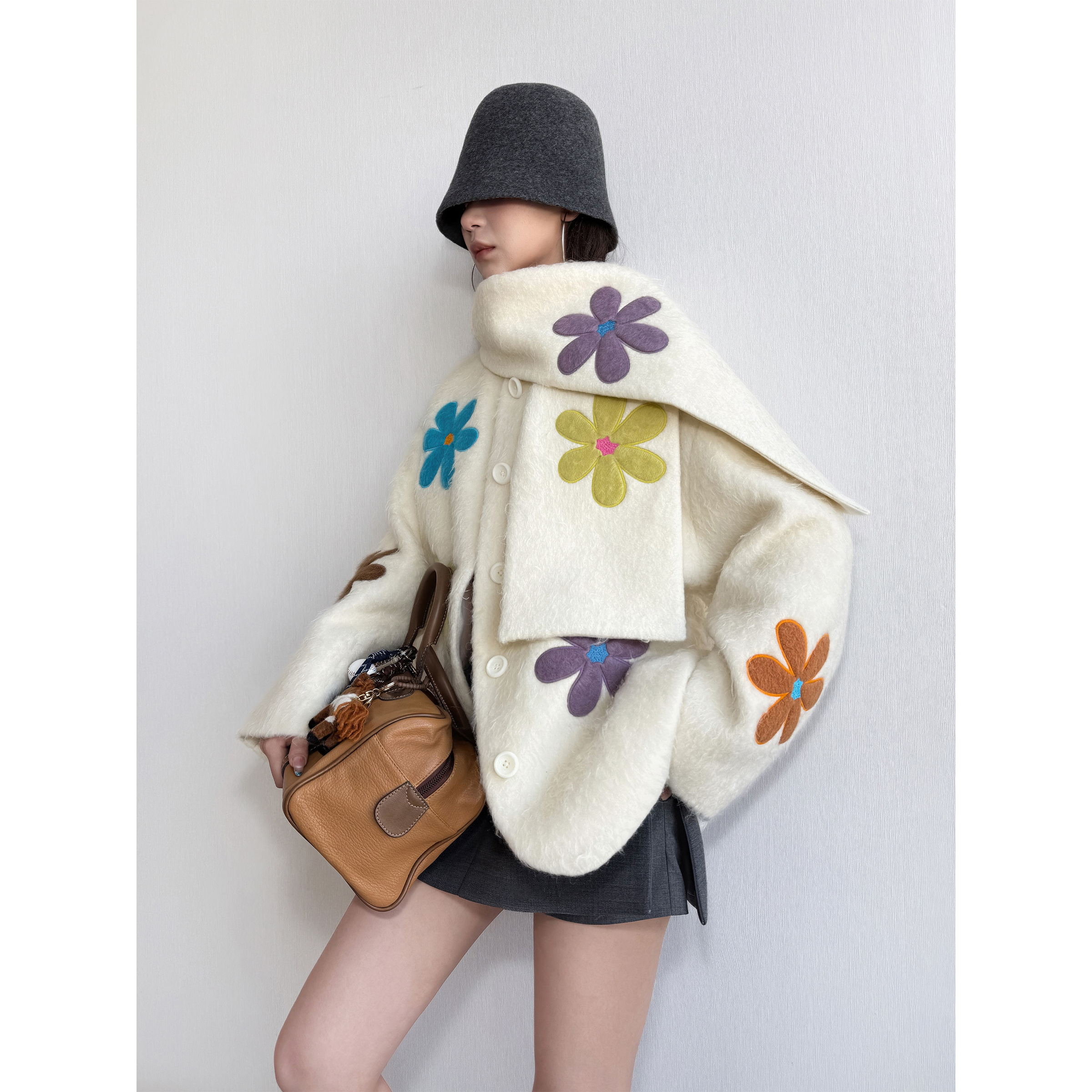 NancyCavally专柜款肌理精纺马海毛/羊毛 花朵刺绣田园风围巾外套