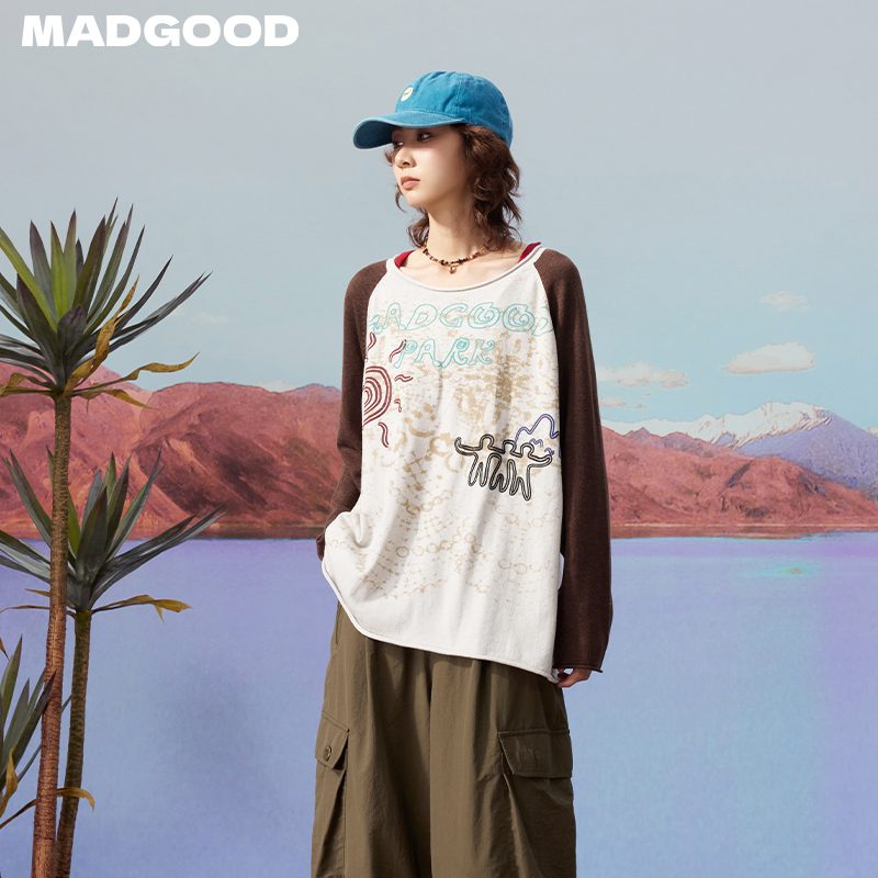 madgood马得工地日系插肩袖主题图腾印花卷边上衣MDGDMY13292