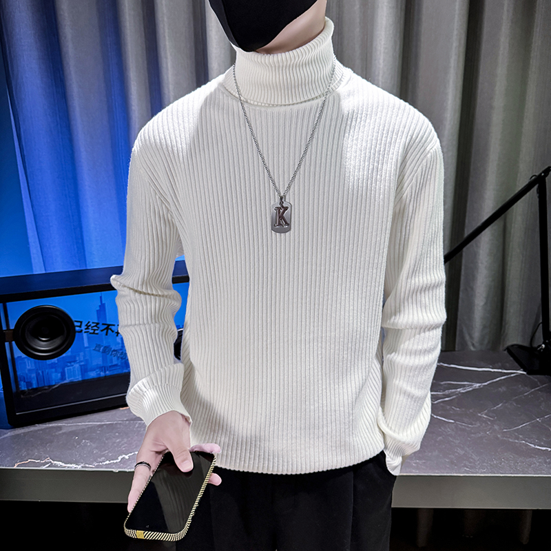 W6006冬季新款男士套头高领毛衣坑条螺纹百搭修身保暖显瘦打底衫