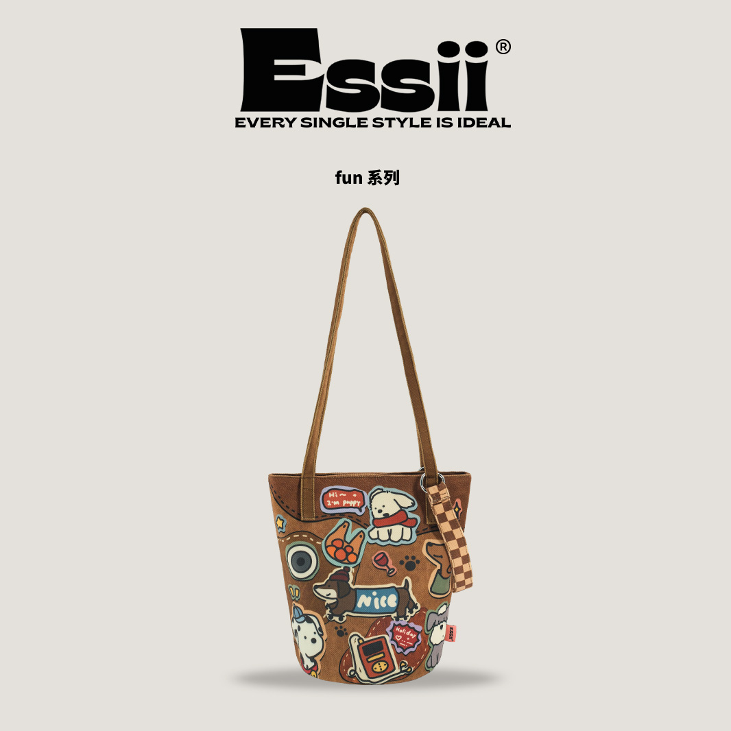 Essii完美款款皮革小狗插画联名休闲通勤女单肩斜挎加长水桶布包