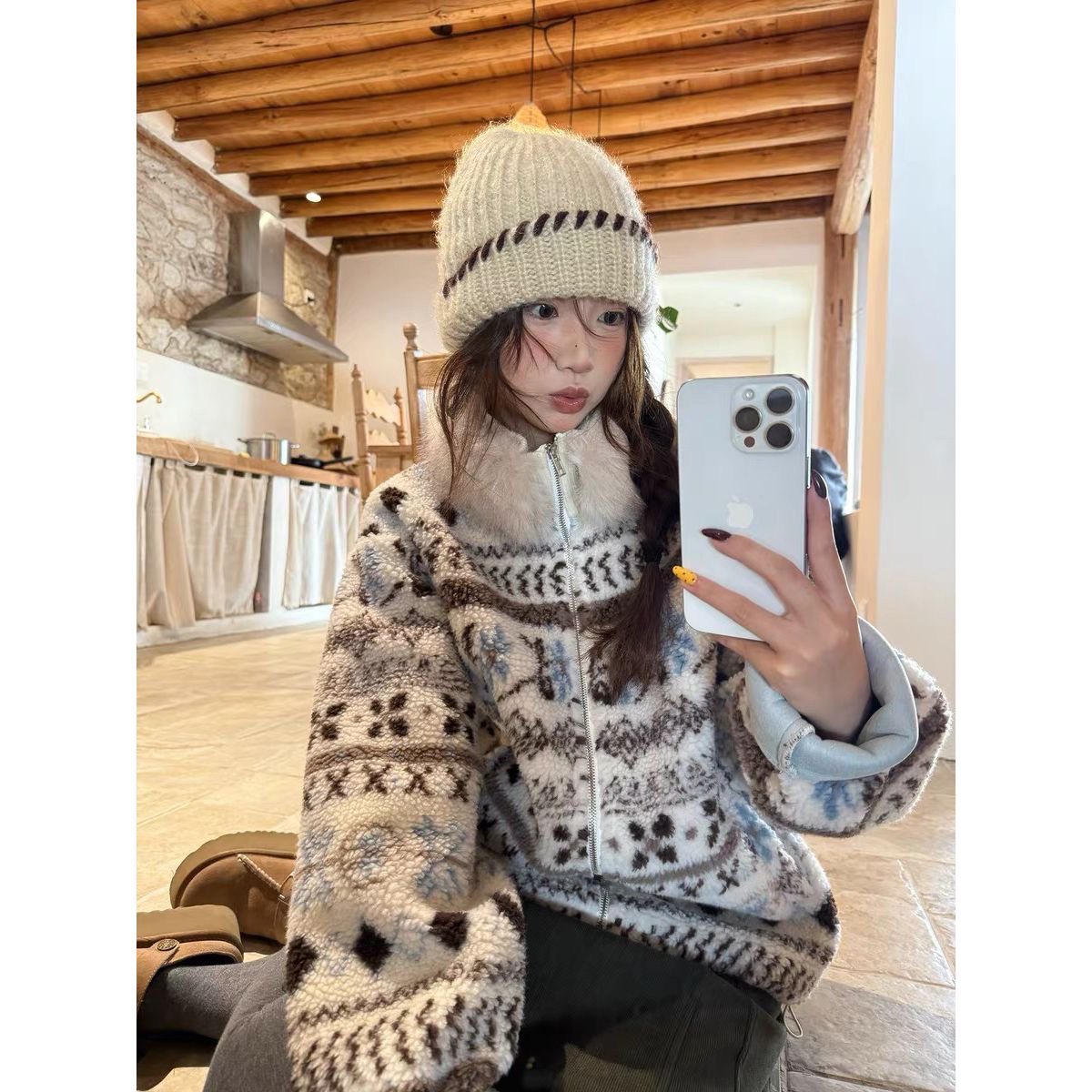 大码费尔岛毛领外套2025新款复古港风民族风混色保暖毛茸绒女冬季