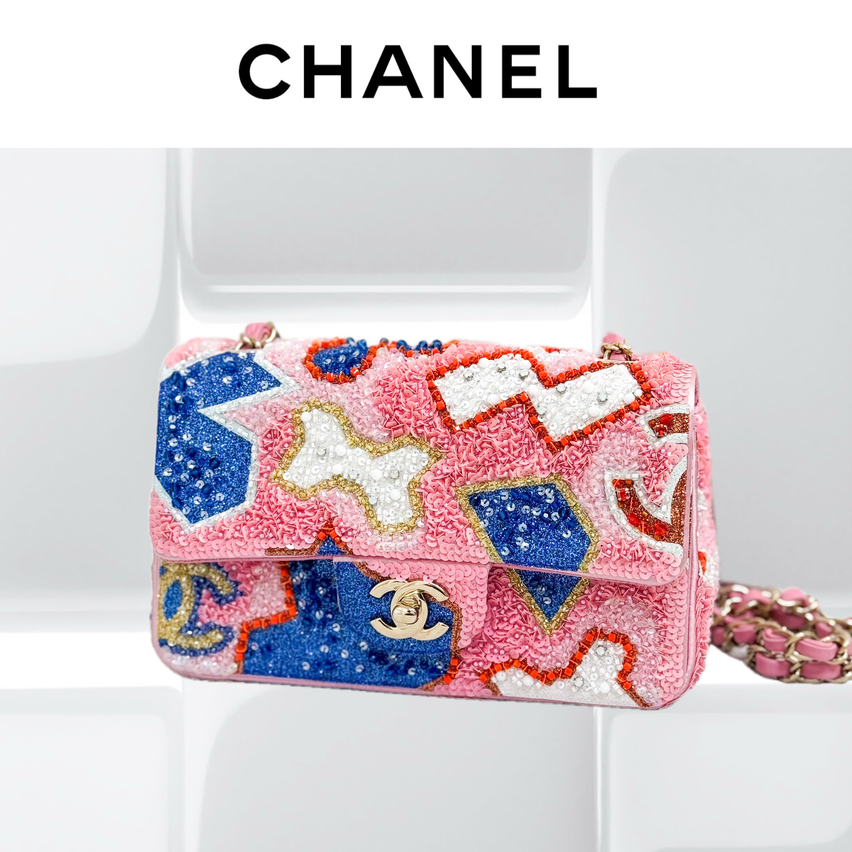 99新 Chanel/香奈儿 CF 粉色拼蓝色拼金色 金扣 亮片 链条包