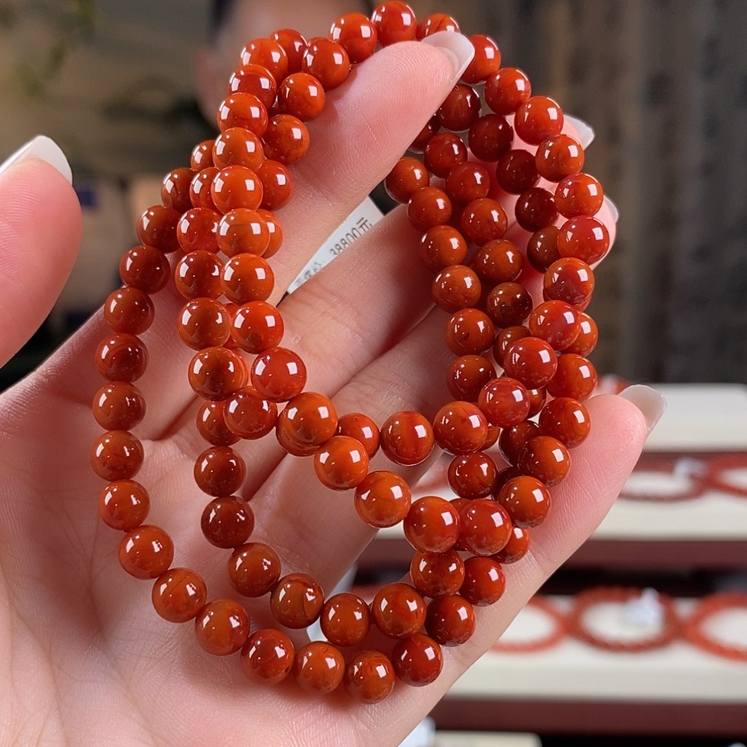 南红玛瑙原矿6mm俏色柿子红多圈未镶嵌