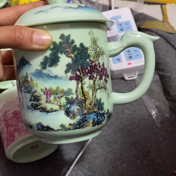 摆件瓷绿稀土青绿山水办公杯