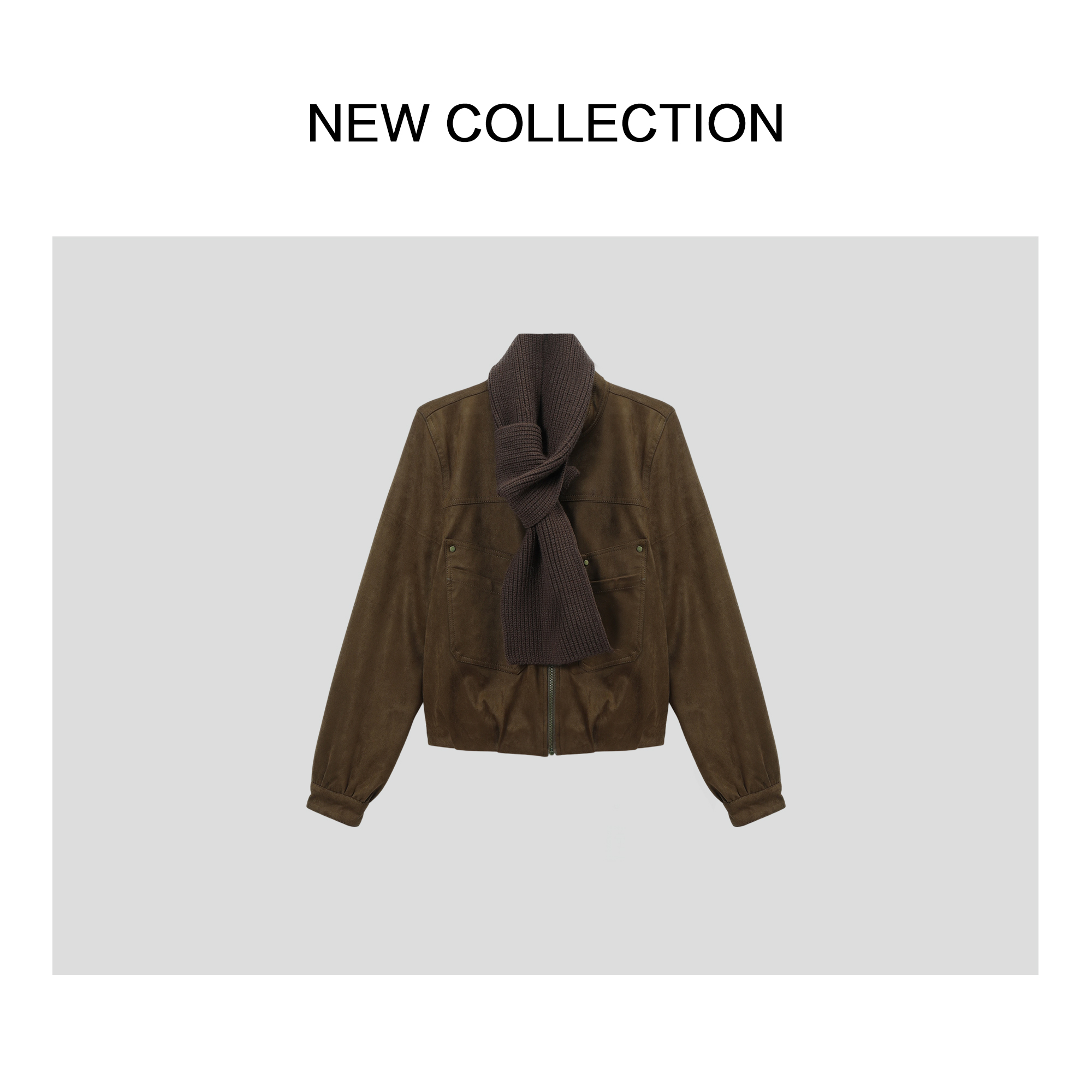 【艺菲弟弟专属】秋冬加厚翻领拼接棕色简约高级麂皮绒外套 WH55009