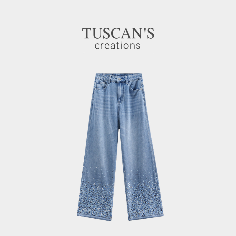 TUSCAN'S CREATIONS亮片阔腿裤长裤腰喇叭裤牛仔裤水洗休闲裤
