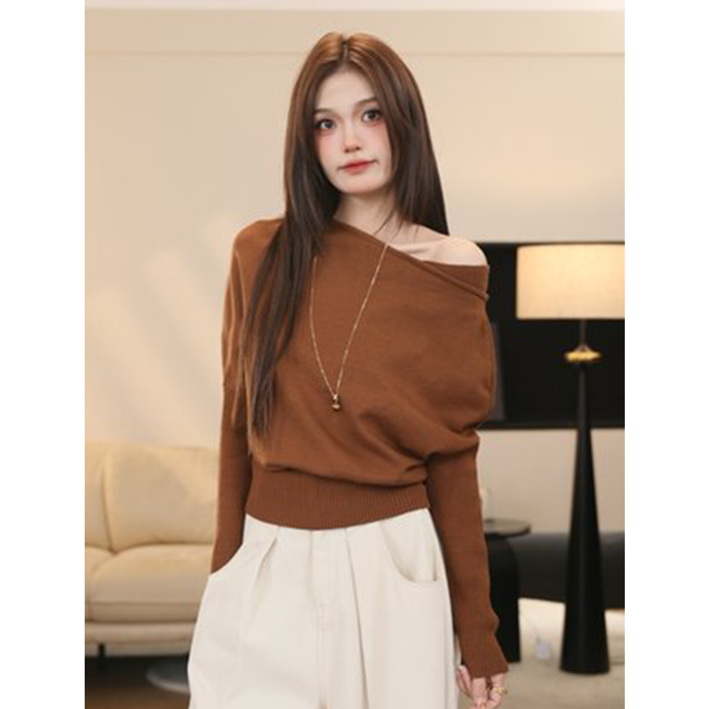 尔给秋冬百搭斜露肩蝙蝠袖毛衣女新款高级感慵懒风长袖针织衫上衣