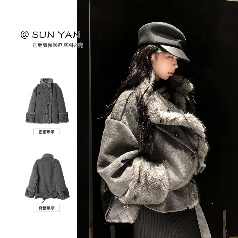 孙妍【自由温度】休闲呢料拼接毛毛外套女冬季2025新款