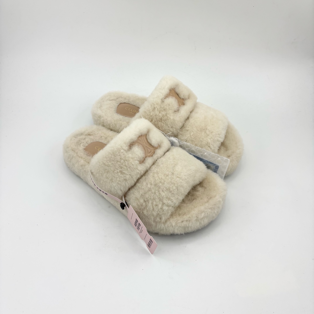 95新 Celine/思琳 35码/女士时尚裸色凯旋门毛拖/TT0799