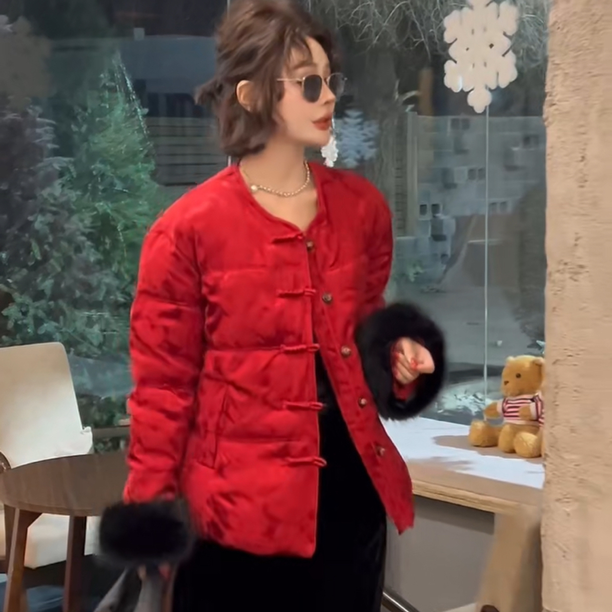 新中式毛袖盘扣棉衣外套女大码显瘦加棉冬季新款甜美气质上衣棉服