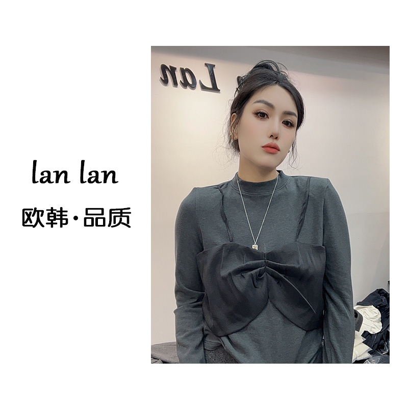 lanlan-冬上新【加绒吊带假两件打底衫】83386韩版气质吊带假两件
