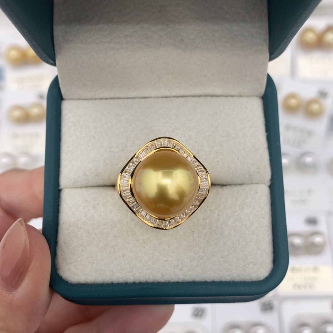 定制海水珍珠未镶嵌裸珠南洋金珠浓金戒指12-13(成品不退不换）