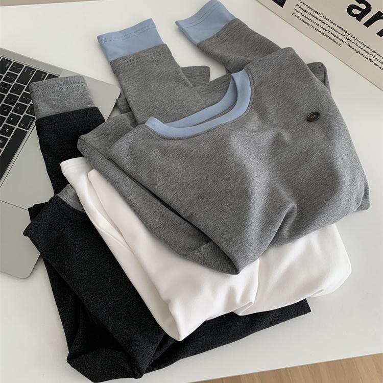 高级简约拼色圆领长袖抓绒T恤女25秋季新款钉扣仿羊绒加厚打底衫