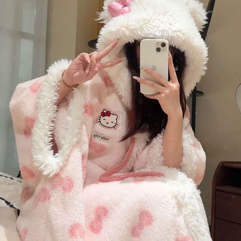粉少女猫睡袍女秋冬季珊瑚绒长款加绒加厚斗篷睡衣外穿帽子宽松