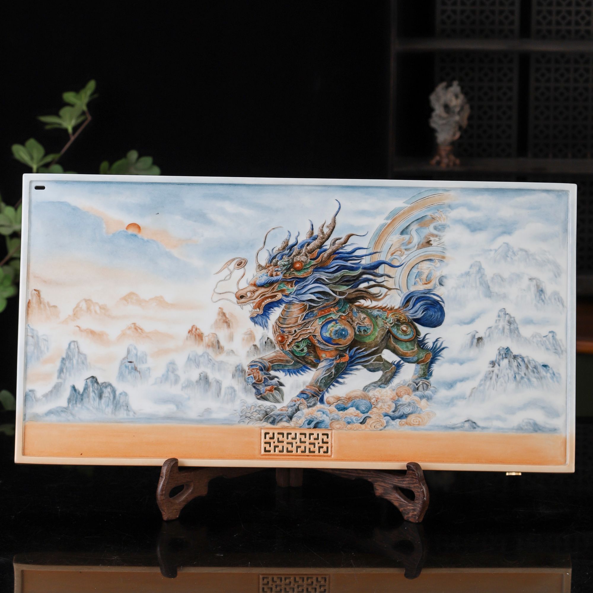 青寞窑景德镇手工手绘墨彩陶瓷盖碗中式茶盘麒麟（茶盘）