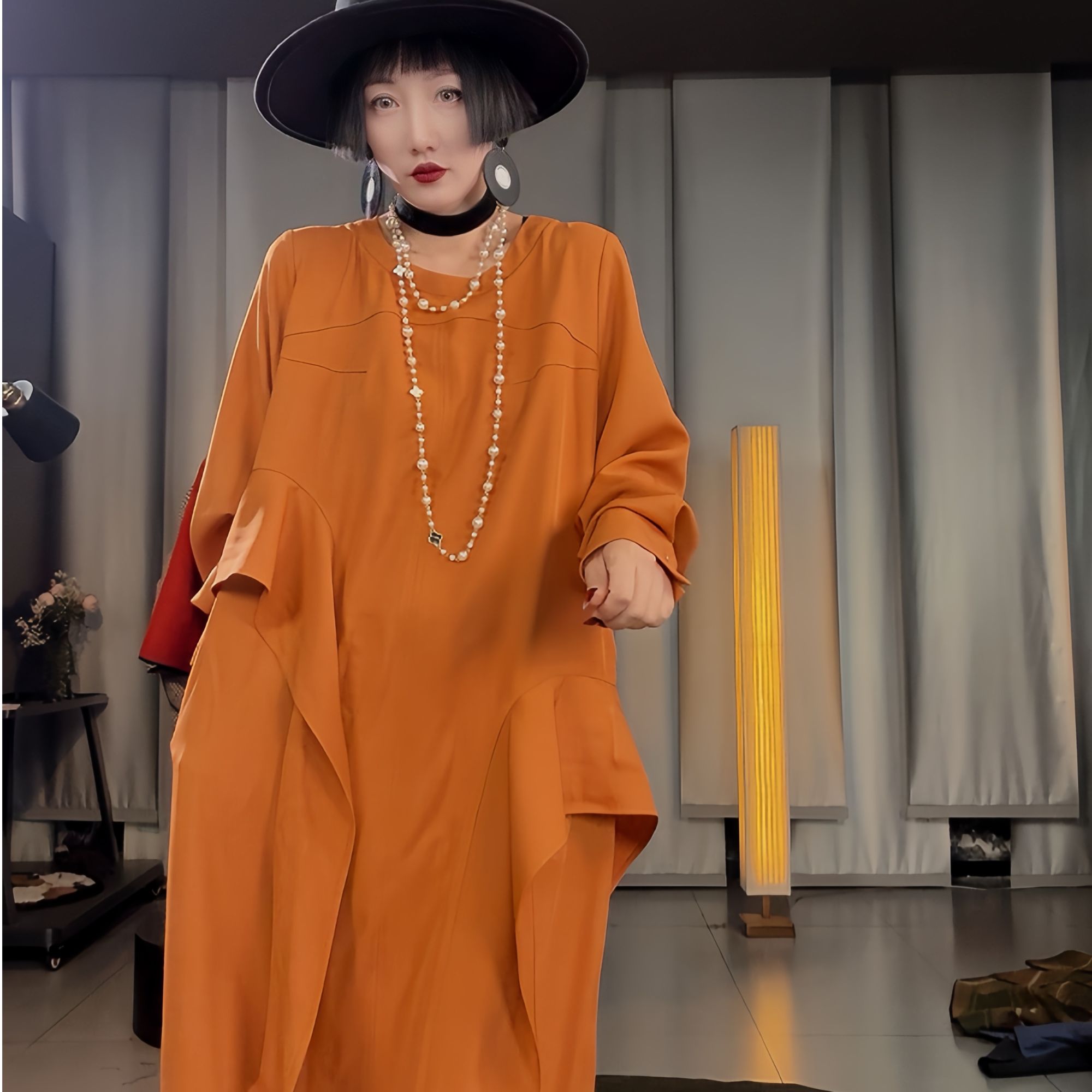 小众设计荷叶边不对称长款纯色连衣裙女时尚气质宽松百搭T型长裙
