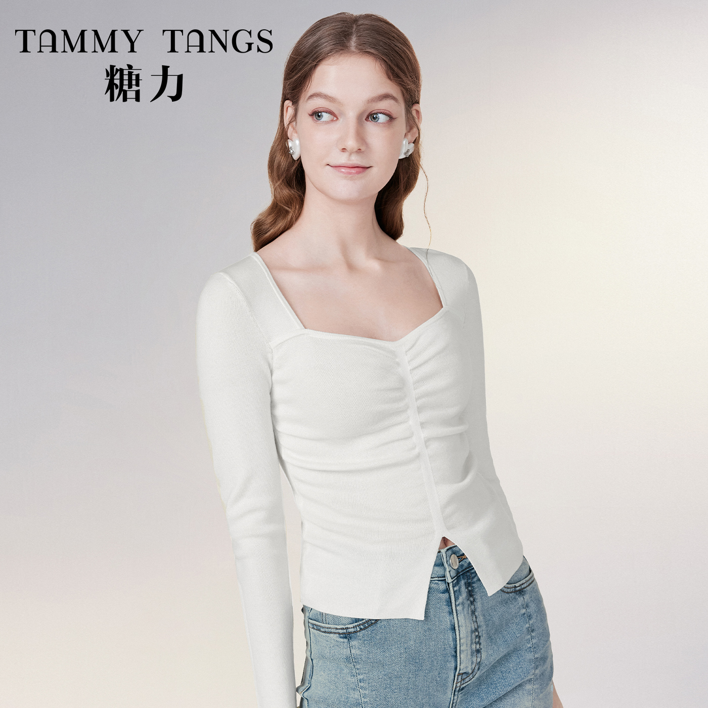 糖力长袖法式针织衫女修身显瘦打底衫上衣薄款