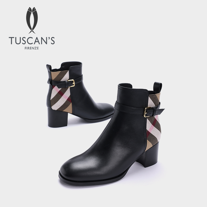 TUSCAN'S经典女士通勤格纹马丁靴时尚百搭牛皮短筒靴时代双鱼