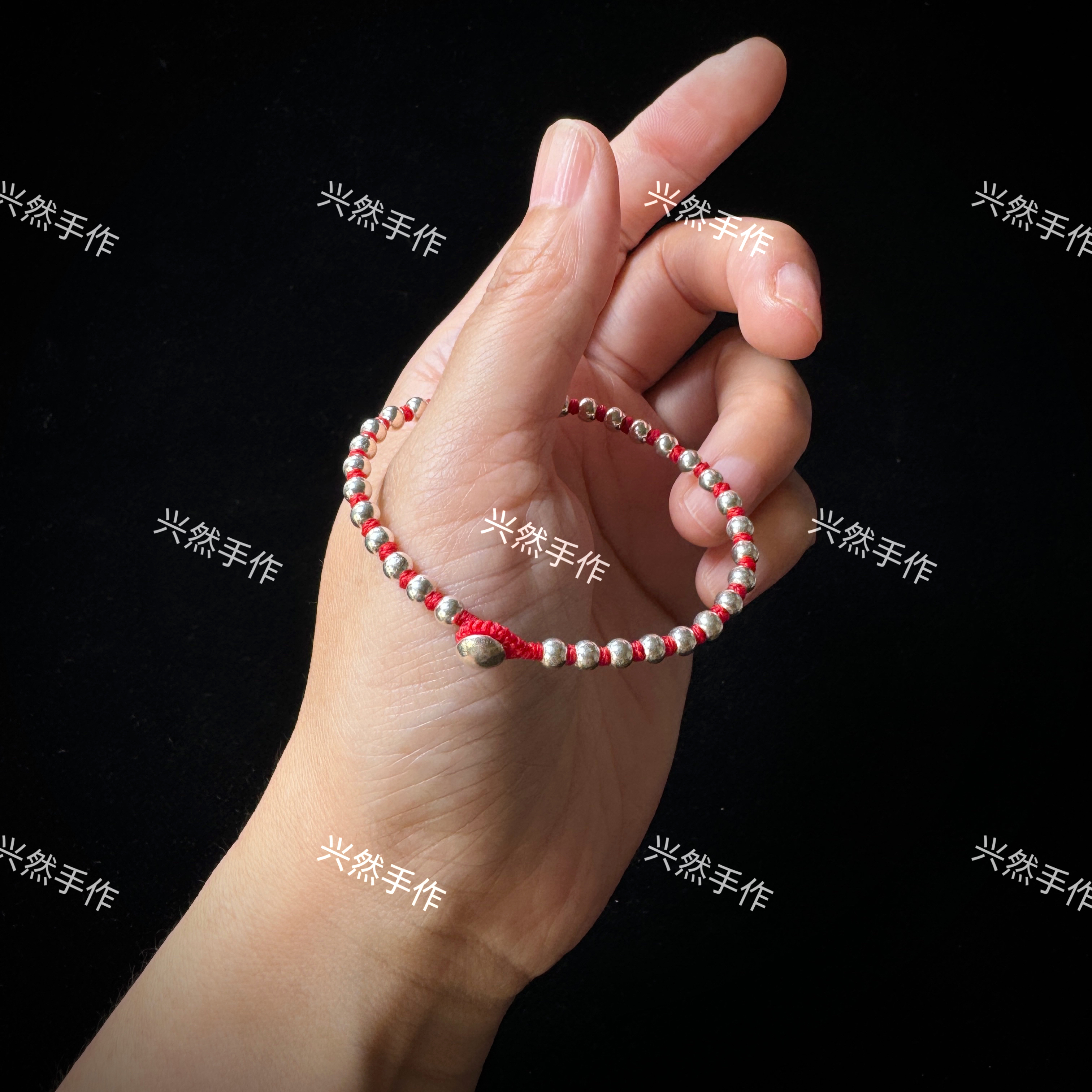 925银布艺手链 豆豆手链4毫米纯银珠珠无事扣蜡线编绳