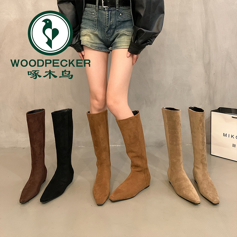 啄木鸟复古卡其色瘦瘦靴时尚长靴女鞋2025年秋冬新款长筒骑士靴子